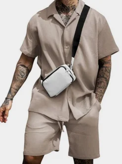 Men's Activewear 2-Piece Short Sleeves Turndown Collar Pink