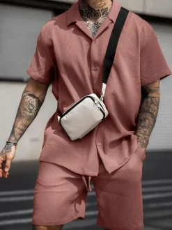Men's Activewear 2-Piece Short Sleeves Turndown Collar Pink
