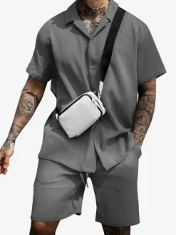 Men's Activewear 2-Piece Short Sleeves Turndown Collar Pink