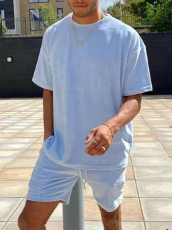 Men's Activewear 2-Piece Short Sleeves Jewel Neck Blue
