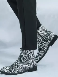 Mens Ankle Boots Round Toe Low Block Heel Leopard Print Casual Shoes