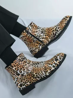 Mens Ankle Boots Round Toe Low Block Heel Leopard Print Casual Shoes