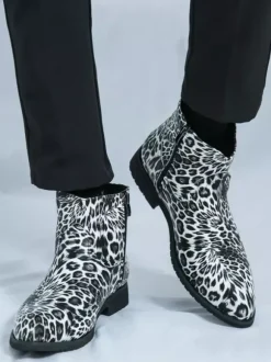 Mens Ankle Boots Round Toe Low Block Heel Leopard Print Casual Shoes