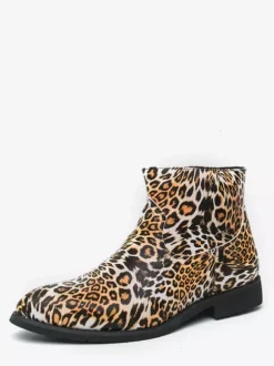 Mens Ankle Boots Round Toe Low Block Heel Leopard Print Casual Shoes