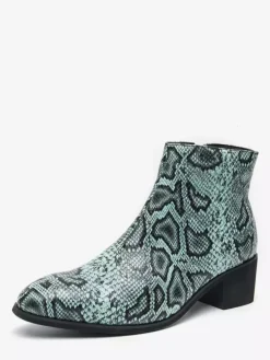 Mens Ankle Boots Snake-Print Pointed Toe Mid-Heel Zip-Up Leather Boots