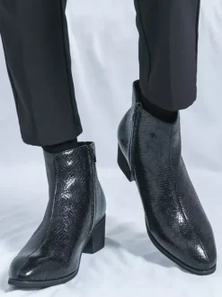 Mens Ankle Boots Snake-Print Pointed Toe Mid-Heel Zip-Up Leather Boots