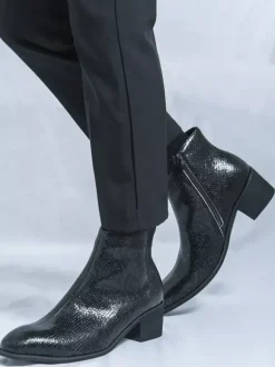 Mens Ankle Boots Snake-Print Pointed Toe Mid-Heel Zip-Up Leather Boots