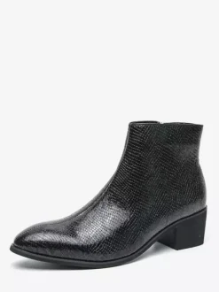 Mens Ankle Boots Snake-Print Pointed Toe Mid-Heel Zip-Up Leather Boots