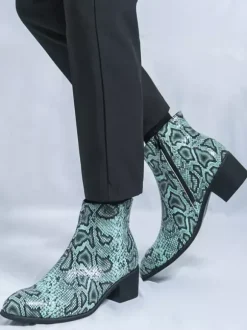 Mens Ankle Boots Snake-Print Pointed Toe Mid-Heel Zip-Up Leather Boots