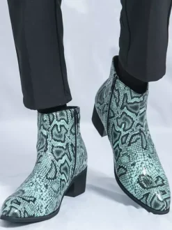 Mens Ankle Boots Snake-Print Pointed Toe Mid-Heel Zip-Up Leather Boots