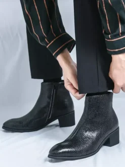 Mens Ankle Boots Snake-Print Pointed Toe Mid-Heel Zip-Up Leather Boots