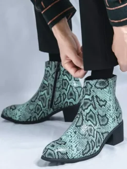 Mens Ankle Boots Snake-Print Pointed Toe Mid-Heel Zip-Up Leather Boots
