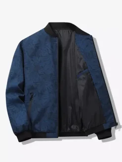 Men's Baseball Collar Jacket Maple Leaf Printed Long Sleeve Elastic Cuffs Zippered Side Pockets Lightweight Jacket