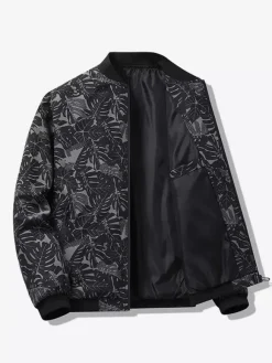 Men's Baseball Collar Jacket Maple Leaf Printed Long Sleeve Elastic Cuffs Zippered Side Pockets Lightweight Jacket