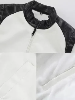 Men's Baseball Jacket Long Sleeves Zip Closure Color Block Leather Jacket