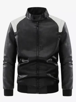 Men's Baseball Jacket Long Sleeves Zip Closure Color Block Leather Jacket