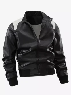 Men's Baseball Jacket Long Sleeves Zip Closure Color Block Leather Jacket