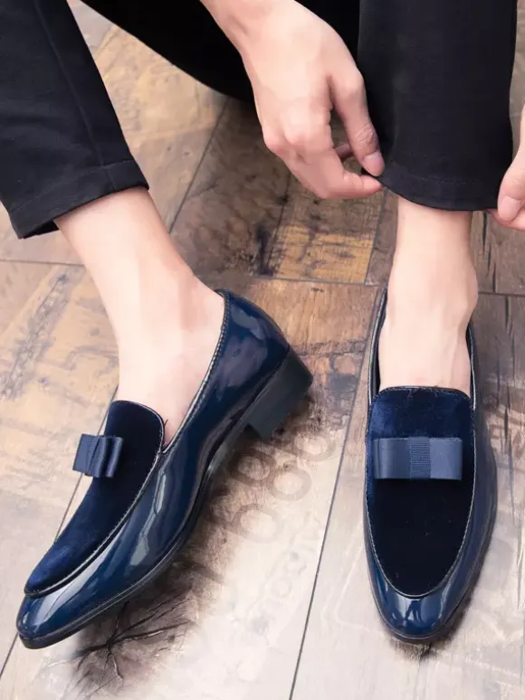 Mens Belgian Loafers Slip-Ons Pointed Toe Ribbon Decorate Penny Shoes Suede Splice Leather Moccasins Shoes