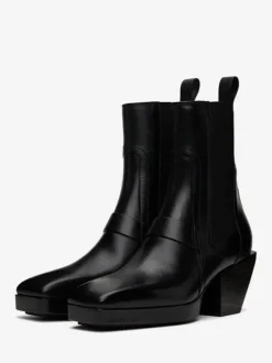 Men's Black Square Toe zigzag rubber sole rear pull tab elasticized side panels High Heel Boots Chelsea Prom Party Boots