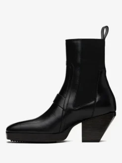 Men's Black Square Toe zigzag rubber sole rear pull tab elasticized side panels High Heel Boots Chelsea Prom Party Boots