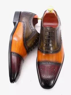 Mens Brogue Dress Shoes Lace Up Genuine Leather Color Block Oxfords