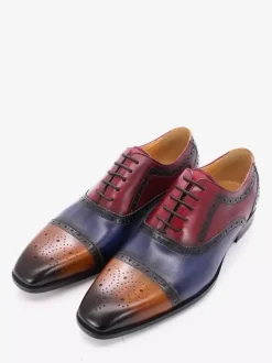 Mens Brogue Dress Shoes Lace Up Genuine Leather Color Block Oxfords
