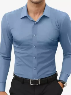 Men's Business Casual Long-Sleeved Stretch Shirts Solid Color Shirts