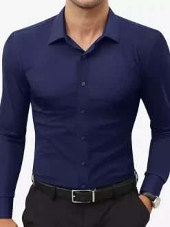 Men's Business Casual Long-Sleeved Stretch Shirts Solid Color Shirts