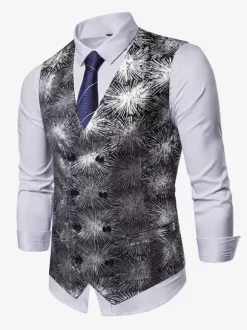 Men's Casual Double Breasted Vest Stamping Printing Sleeveless Jacket