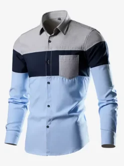 Men's Casual Patchwork Long-Sleeved Shirts Lapel Slim Fit Top