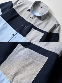 Men's Casual Patchwork Long-Sleeved Shirts Lapel Slim Fit Top