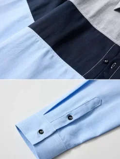 Men's Casual Patchwork Long-Sleeved Shirts Lapel Slim Fit Top