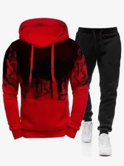 Men's Casual Red and Black Sweatshirt Long-Sleeved Hoodie and Pants