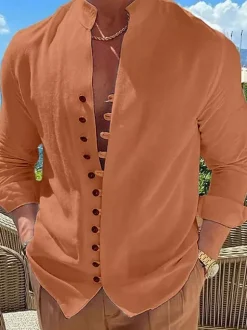 Men's Casual Shirt Stand Collar Long Sleeve Casual Linen Men's Shirts