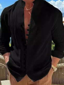 Men's Casual Shirt Stand Collar Long Sleeve Casual Linen Men's Shirts