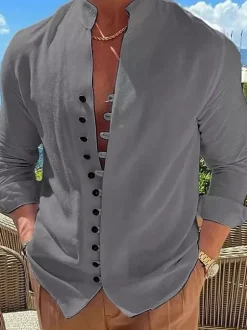 Men's Casual Shirt Stand Collar Long Sleeve Casual Linen Men's Shirts