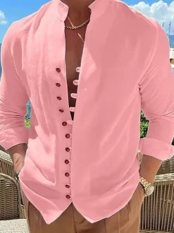 Men's Casual Shirt Stand Collar Long Sleeve Casual Linen Men's Shirts