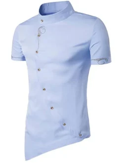 Men's Casual Shirt Stand Collar Casual Geometric Light Sky Blue Men's Shirts