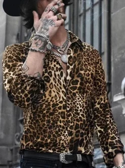 Men's Casual Shirt Turndown Collar Simple Oversized Leopard Print Coffee Brown Men's Shirts