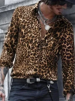 Men's Casual Shirt Turndown Collar Simple Oversized Leopard Print Coffee Brown Men's Shirts