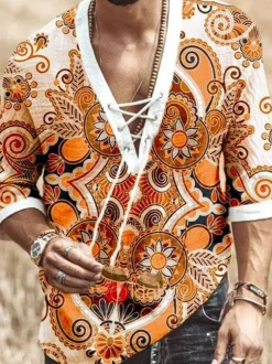 Men's Casual Shirt Turndown Collar Chic Printed khaki Men's Shirts