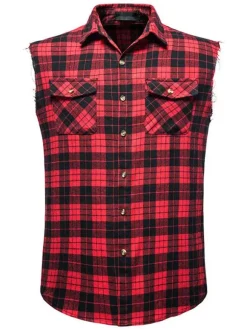 Men's Casual Shirt Turndown Collar Casual Plaid Red Men's Shirts