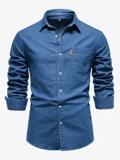 Men's Casual Solid Color Long-Sleeved Shirt Slim Fit Denim Shirt