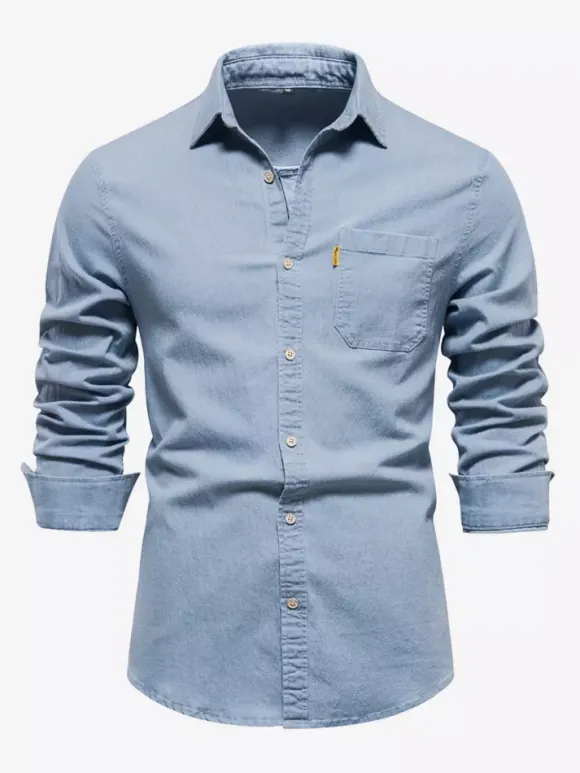 Men's Casual Solid Color Long-Sleeved Shirt Slim Fit Denim Shirt