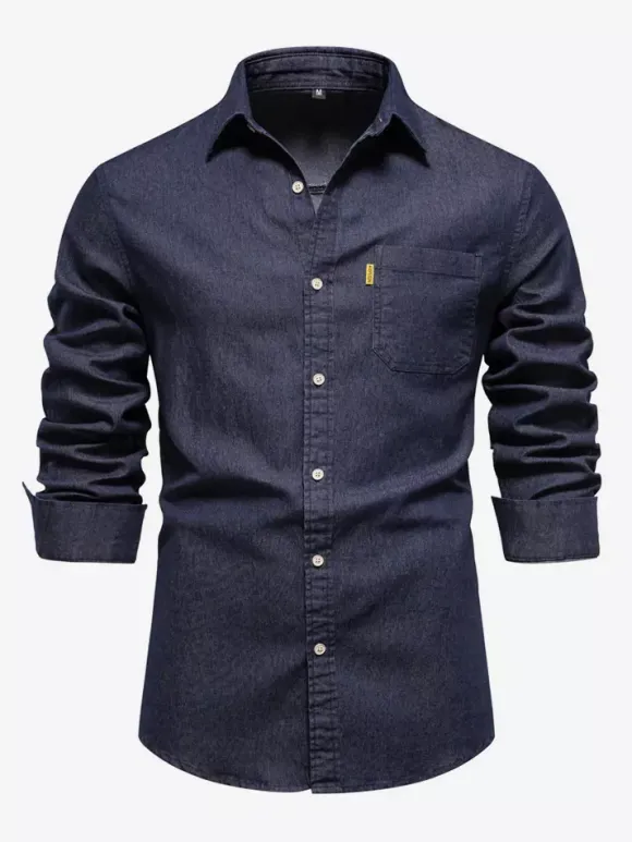 Men's Casual Solid Color Long-Sleeved Shirt Slim Fit Denim Shirt