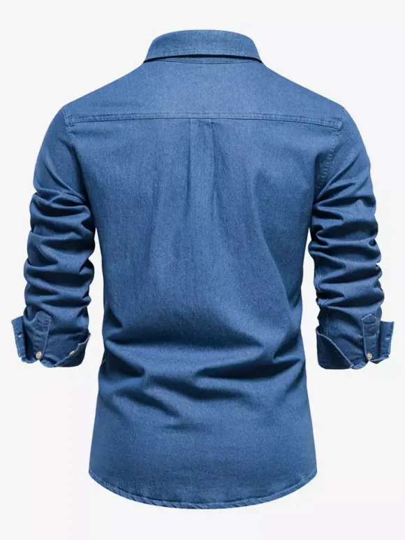 Men's Casual Solid Color Long-Sleeved Shirt Slim Fit Denim Shirt