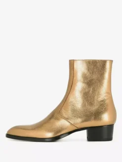 Men's Chelsea Boots Genuine Leather Gold Chunky Heel Round Toe Fashion High Gloss Short Boots