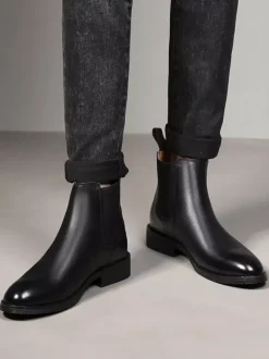 Mens Chelsea Boots Low Heel Black Pointed Toe Leather Ankle Boots