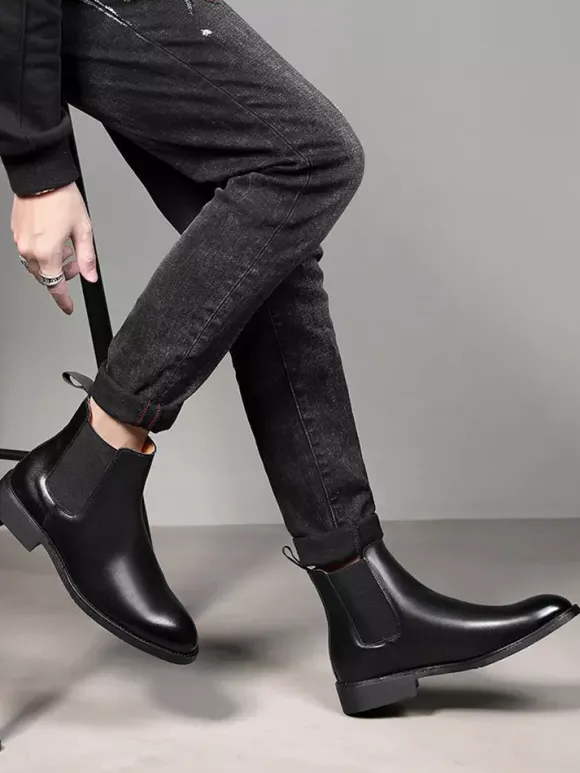 Mens Chelsea Boots Low Heel Black Pointed Toe Leather Ankle Boots