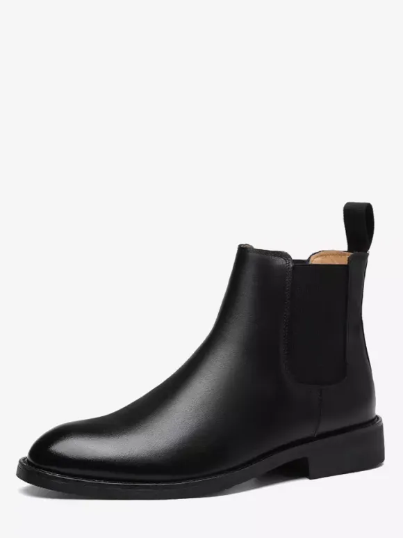 Mens Chelsea Boots Low Heel Black Pointed Toe Leather Ankle Boots